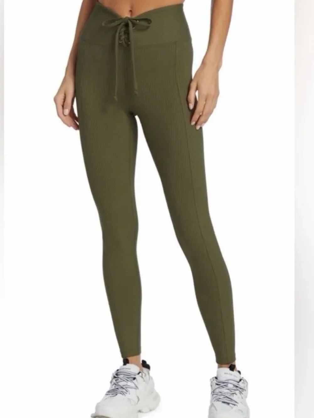 Year of Ours High-Waist Olive Ribbed Leggings with Drawstring